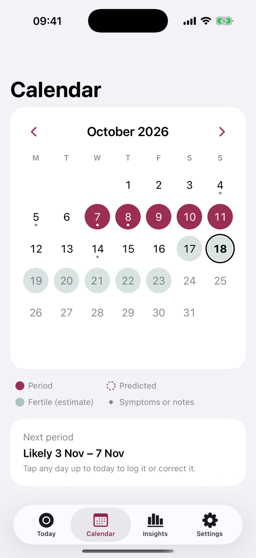 Mooncove's calendar showing a logged period and the predicted fertile window